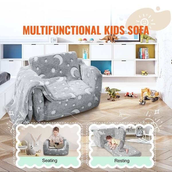 dimension image slide 1 of 2, Grey Fleece Glow Foldable Kids Sofa Chair with 25D Foam and Blanket - 24.01“L x 16.93” W x 15.75” H