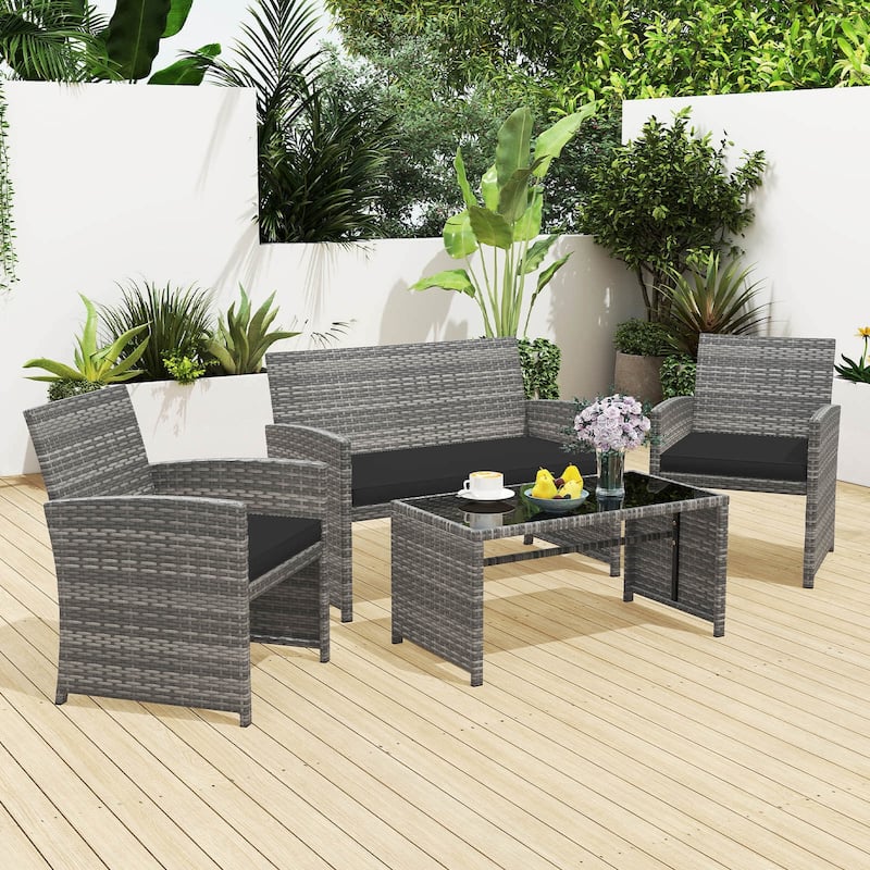 Costway 4 PCS Patio Conversation Set with Seat Cushions & Tempered - See Details - Black + Gray