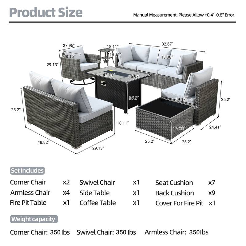 HOOOWOOO 10-piece Wicker Patio Furniture Sectional Sofa Set Swivel Rocker with Fire Pit Table