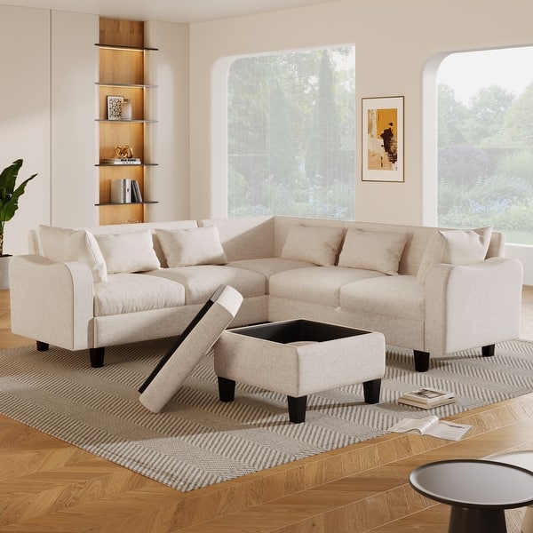 Beige Sectional Sofa Linen Loveseat L-Shape Corner Couch - Bed Bath & Beyond