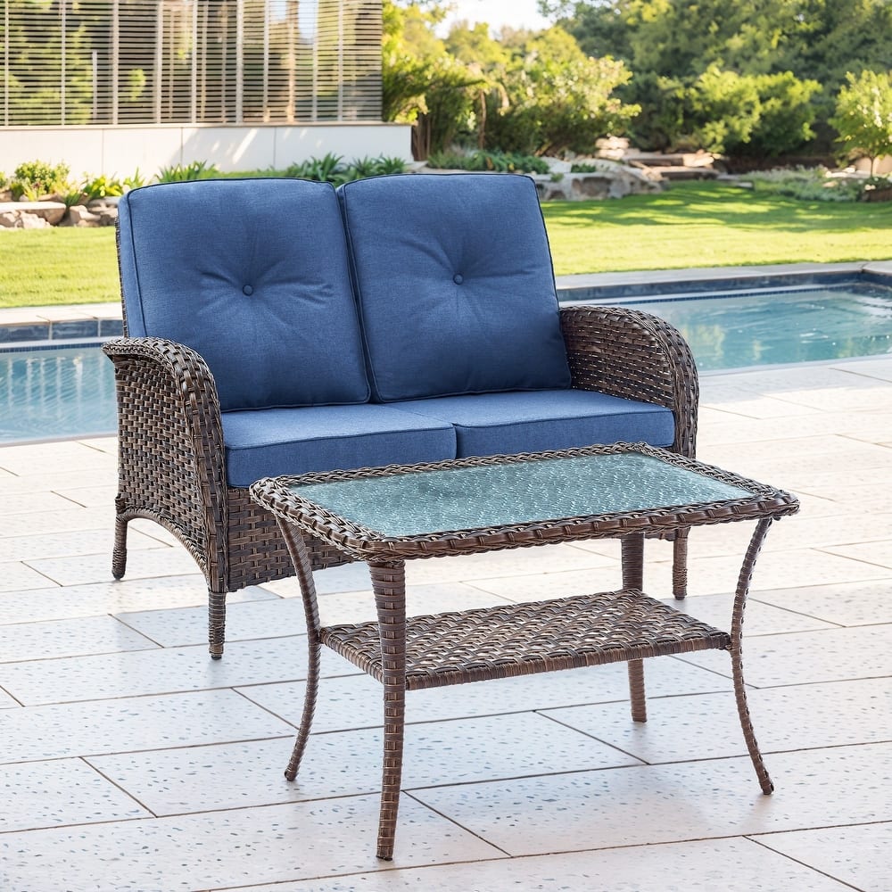 Gymojoy Outdoor Wicker Loveseat with Coffee Table and Outdoor Cushions