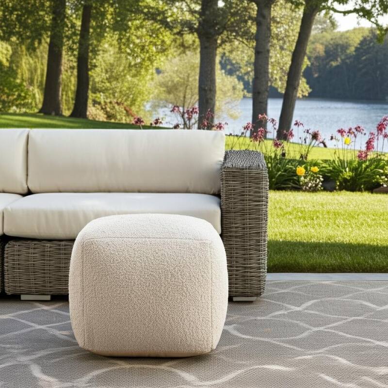 HomeRoots 18" Gray Polyester Cube Outdoor Pouf Ottoman - Beige