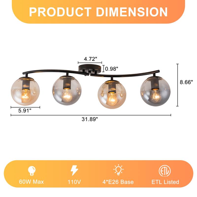 4 Lights Linear Metal Flush Mount Ceiling Light with Smoky and Amber Glass Globes - Dia.31.89-in