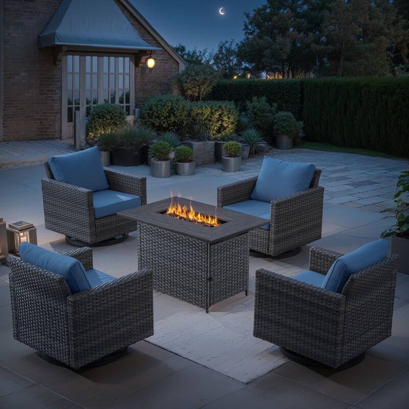 Outdoor Fire Pit Table with Patio Funiture - Grey Wicker Blue Cushion - 4 Swivel Chair w/ Fire Table