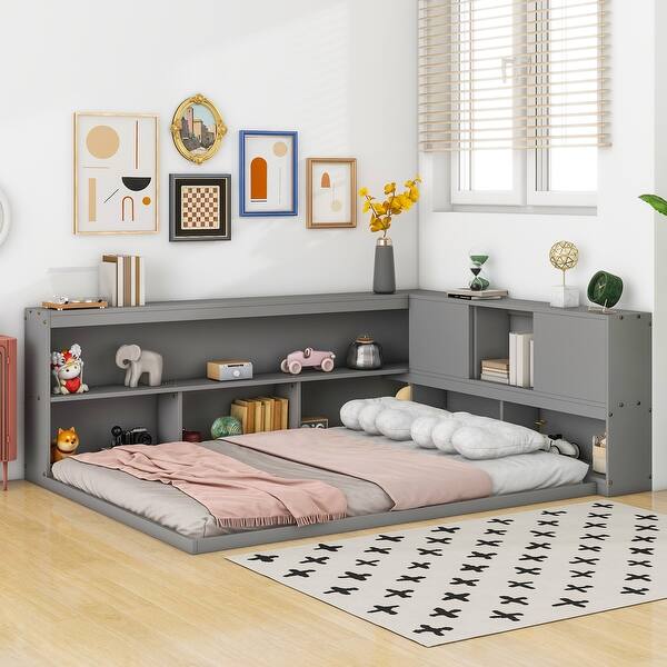 slide 2 of 9, Grey Full Size Wood Floor Bed with L-shaped Bookcases, Sliding Doors, without Slats Grey