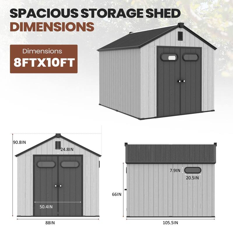 All-Weather Lockable Resin Outdoor Storage Shed with Window Floor for Patio Furniture and Tools