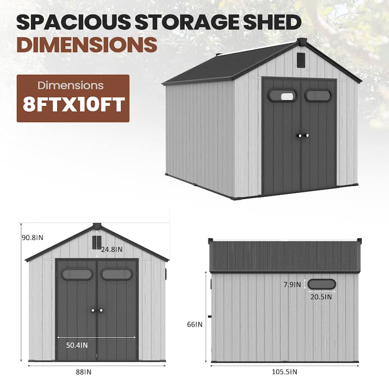 Pellebant 8X8/8X10/8X12 FT Resin Outdoor Storage Shed with Floor for Patio Furniture and Tools