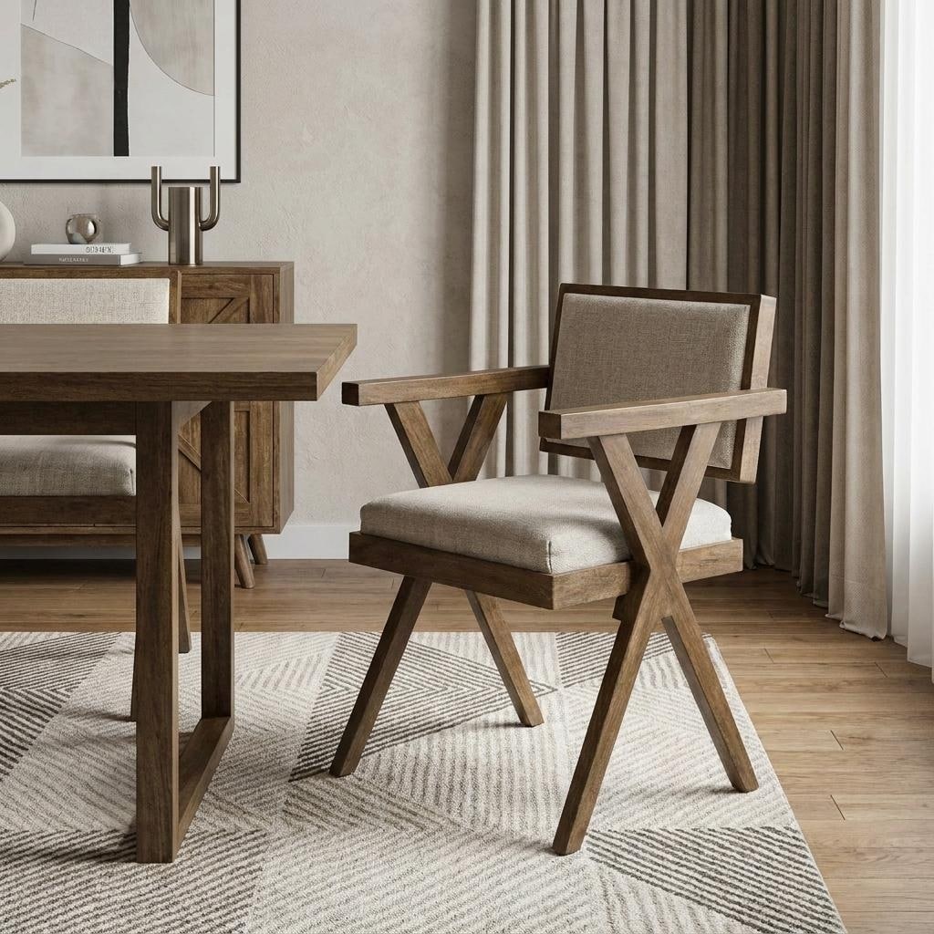 HomeRoots Cream And Brown Upholstered Fabric Open Back Dining Arm Chair - 22.00 in. x 31.50 in. x 23.00 in.