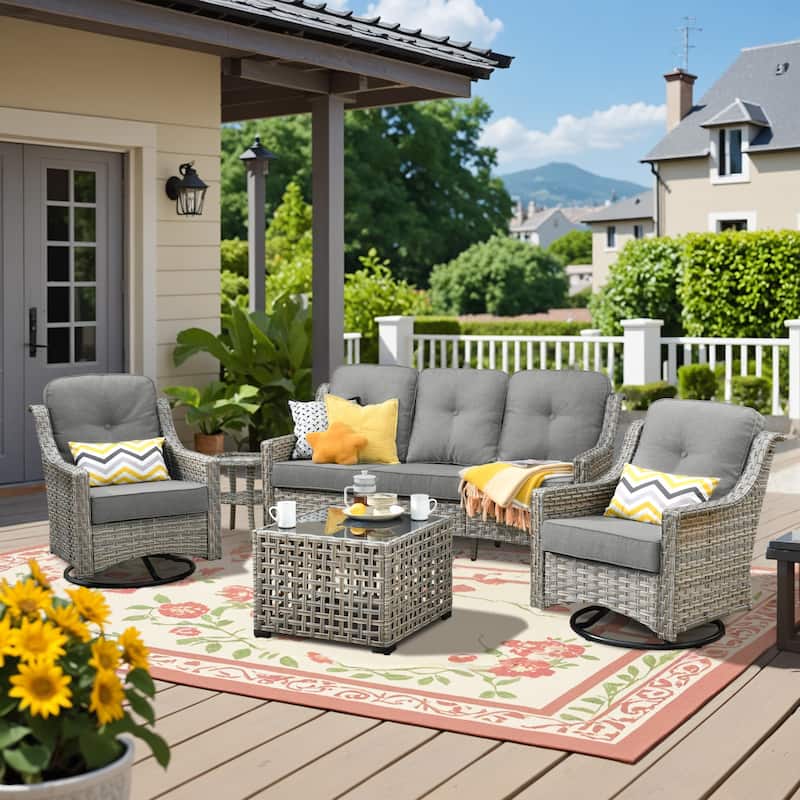 HOOOWOOO 5-piece Rattan Wicker Outdoor Conversation Set with Swivel Chair and Coffee Table