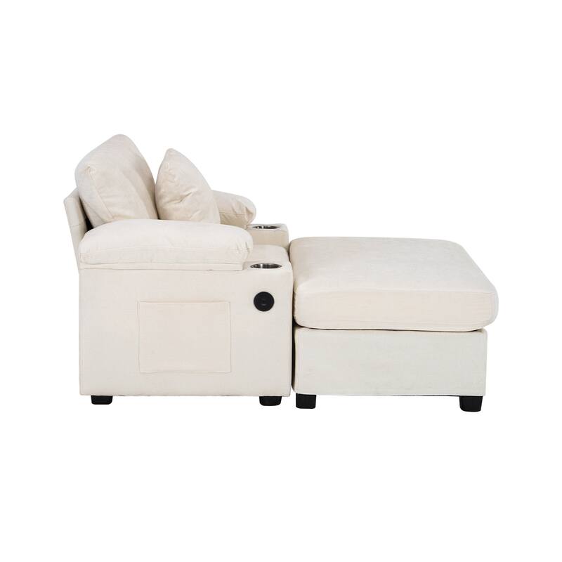 Modern 58" Oversized Chaise Lounger Armchair with Ottoman, Chenille Sleeper Sofa Couch with Charge Station & USB Ports