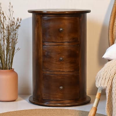 Artisan Furniture Mango Solid Wood 3 Drawer Chestnut Drum ,Dark Brown