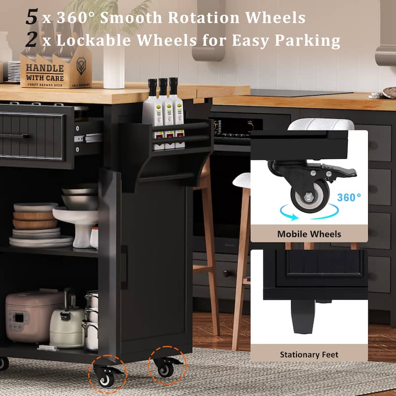 56.5"Kitchen Island with Drop Leaf, Rolling Kitchen Cart on Wheels with 4 Doors, 5 Deep Drawers and Adjustable Shelves