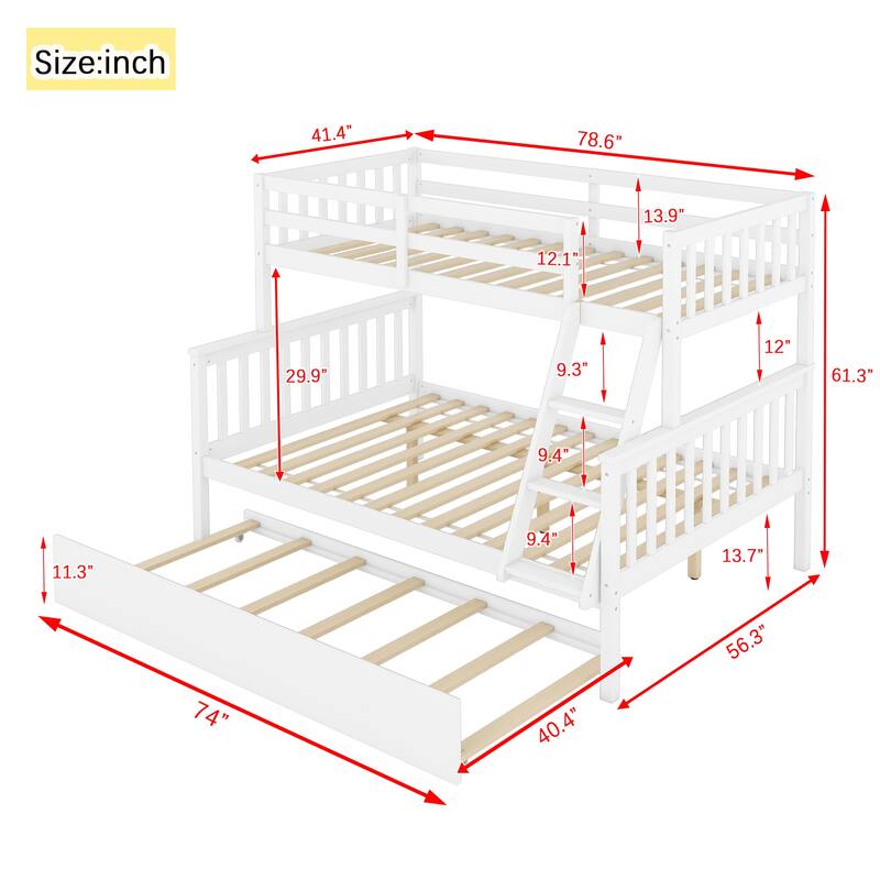 Roomfitters Twin Over Full Rubber Wood Bunk Bed with Trundle, Detachable Convertible Bunk Bed with Ladder and Guardrails