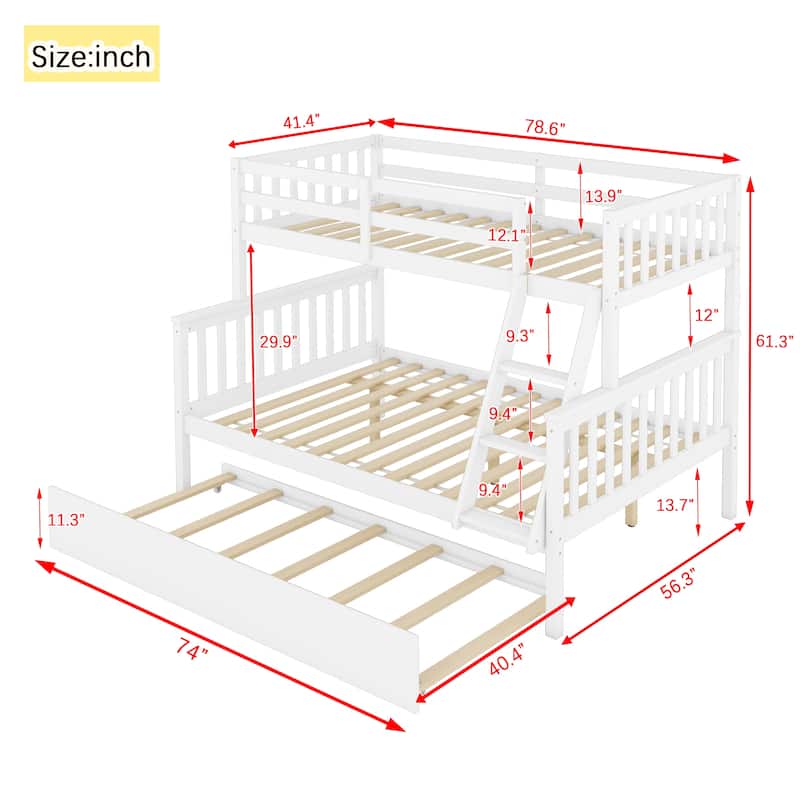 Twin Over Full Bunk Bed with Trundle with Convertible 3-in-1 Design Reversible Ladder & Guardrails (250lb Capacity)