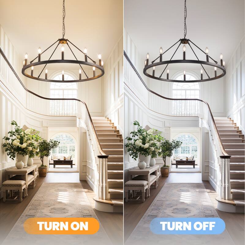 Black Wagon Wheel Chandelier 38 inch, 12-Light Black Round Industrial Farmhouse Chandeliers