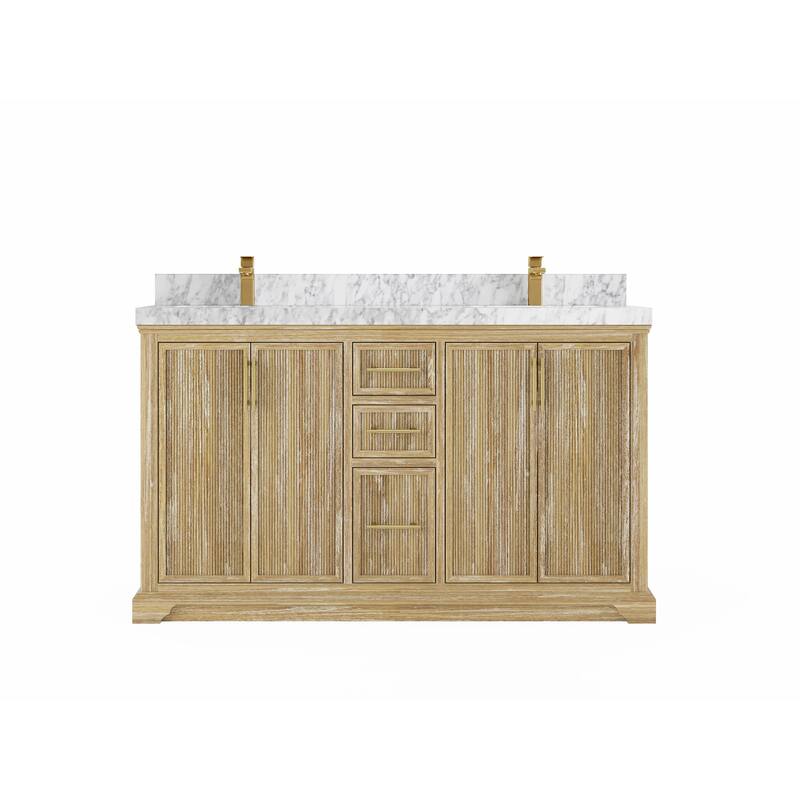 Willow Collections 60 x 22 Alys Solid Teak Wood Double Sink Bathroom Vanity with Quartz or Marble Countertop - 2"Carrara Marble - Whitewashed