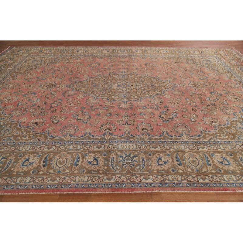 Hand Knotted Oriental 100% Wool Carpet Traditional Floral Pink Mashad Area Rug - 12' 10'' X 9' 7''