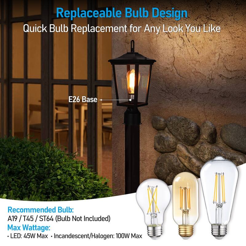 Dusk to Dawn Outdoor Post Lantern, Rectangular Clear Glass Post Light - 2PACK