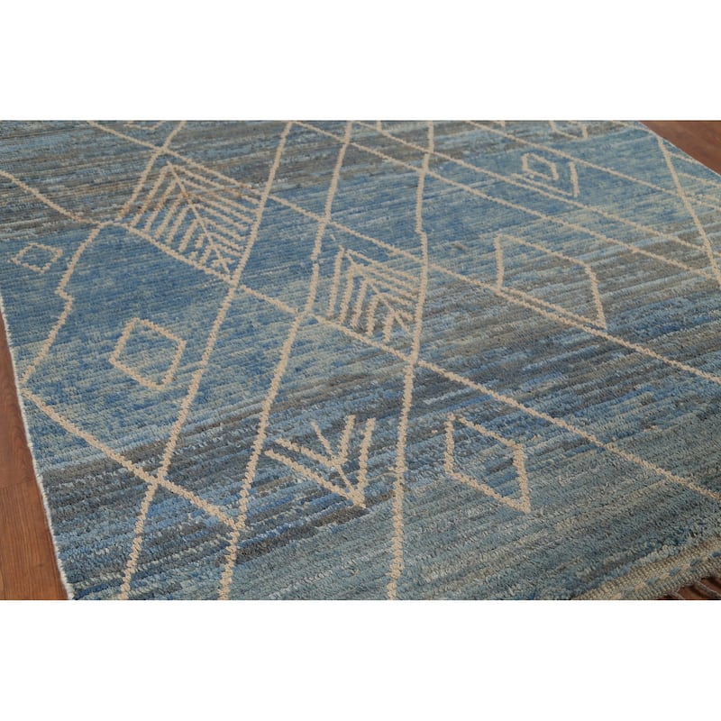 Moroccan Rug Hand-Knotted Blue Abstract Wool Carpet - 7'2"x 10'11"