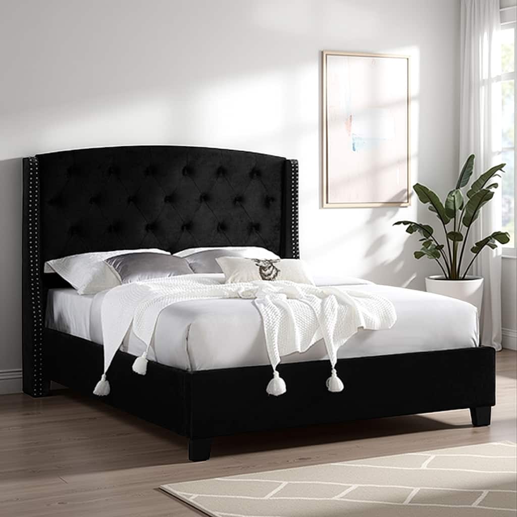 Elle King Size Bed, Low Profile, Button Tufted Upholstered Headboard, Black