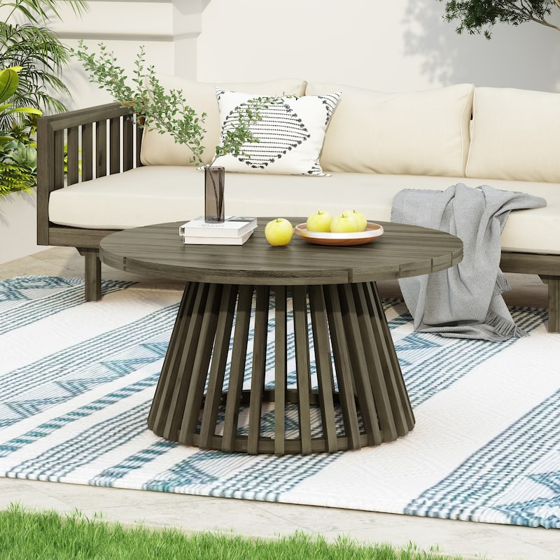 Roomfitters 31.5" Round Outdoor Acacia Wood Coffee Table, Slatted Pedestal Base Patio Table with Weather-Resistant Finish - Grey
