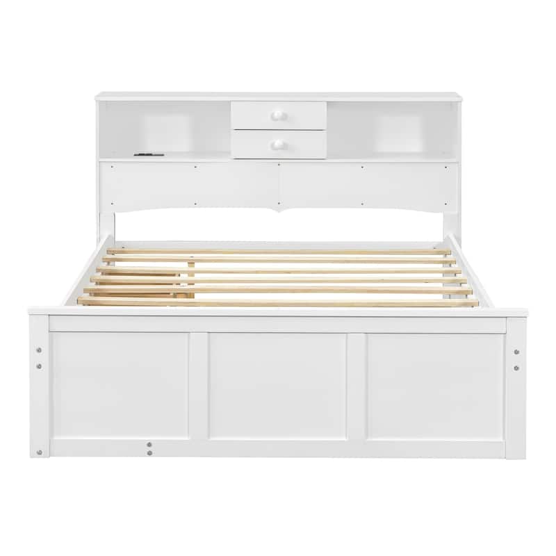 HomeRoots White Wood Full Bed Frame With Trundle And Drawers