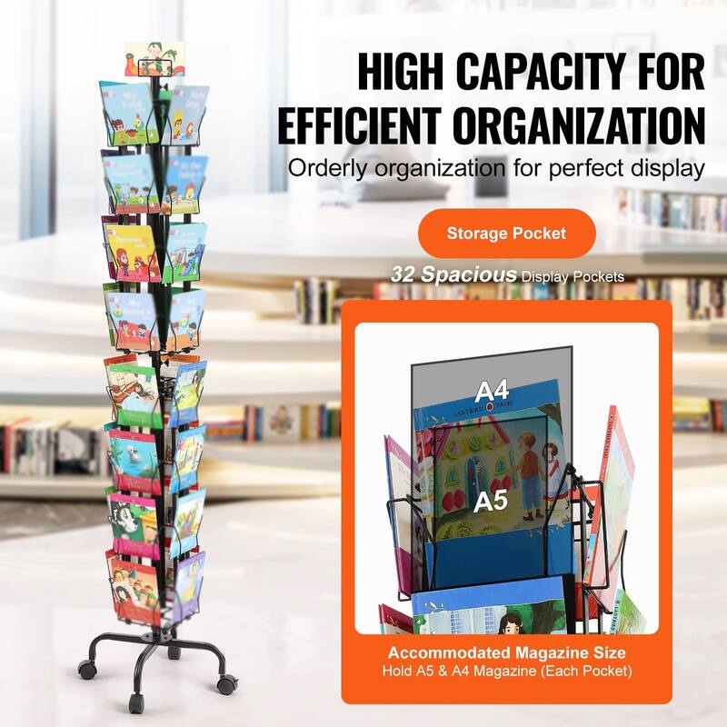 Rotating Greeting Card Display Rack with 32 Pockets & Wheels - 17.72 x 17.72 x 75.98 in