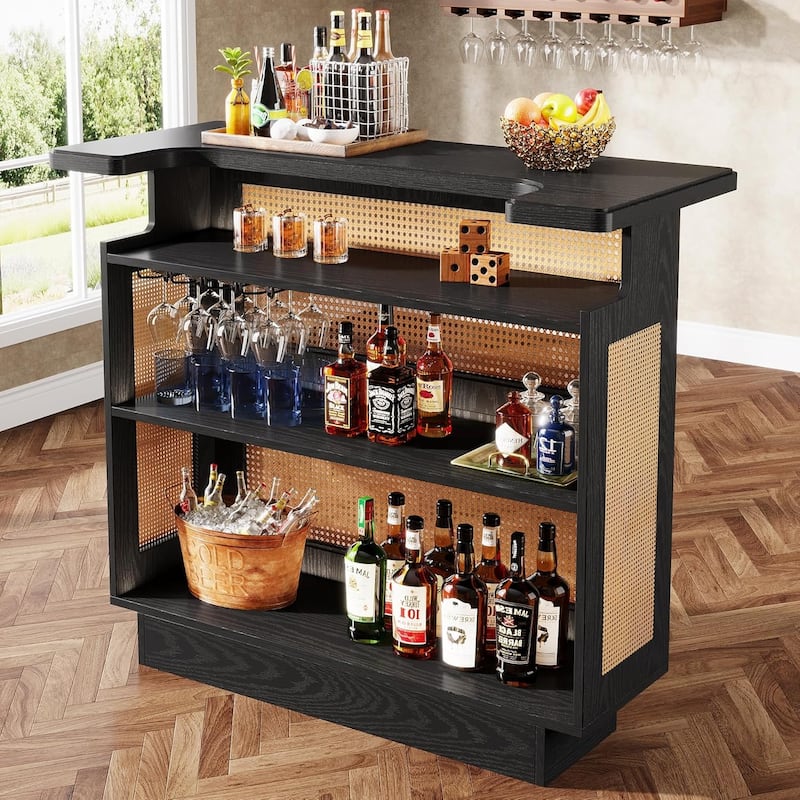 Rattan Home Bar Unit, 4-Tier Bar Table with 4 Stemware Racks and Heightened Base, Liquor Wine Bar Cabinet