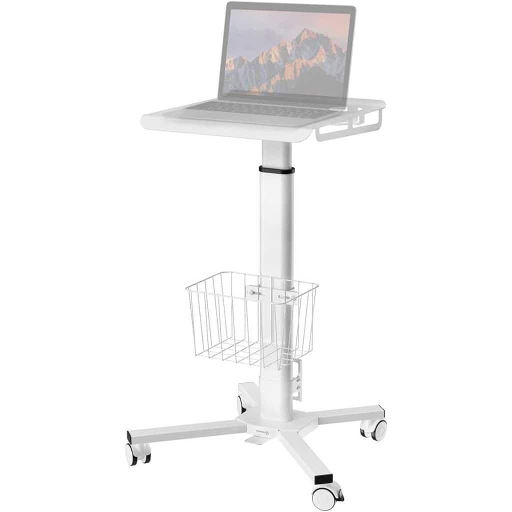 White Mobile Adjustable Height Computer Desk Cart with Swivel Wheels and Cable Management
