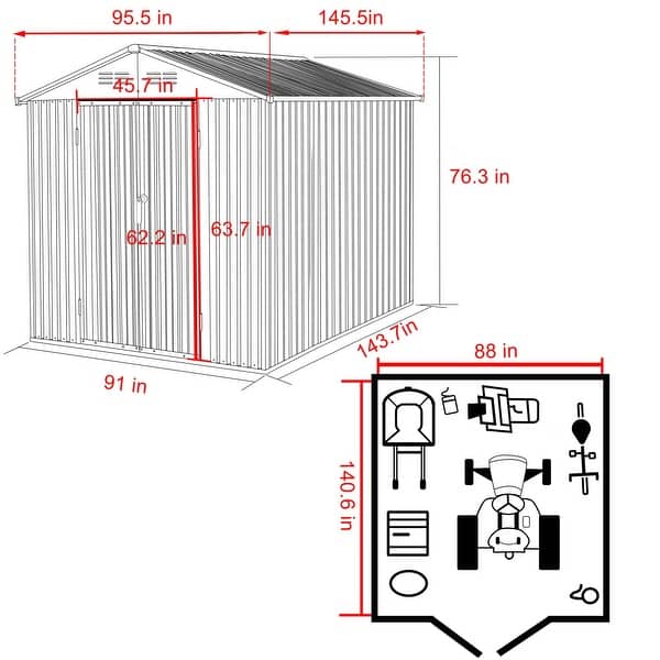 dimension image slide 3 of 8, VEIKOUS Outdoor Metal Storage Shed with Lockable Door and Air Vents for Garden