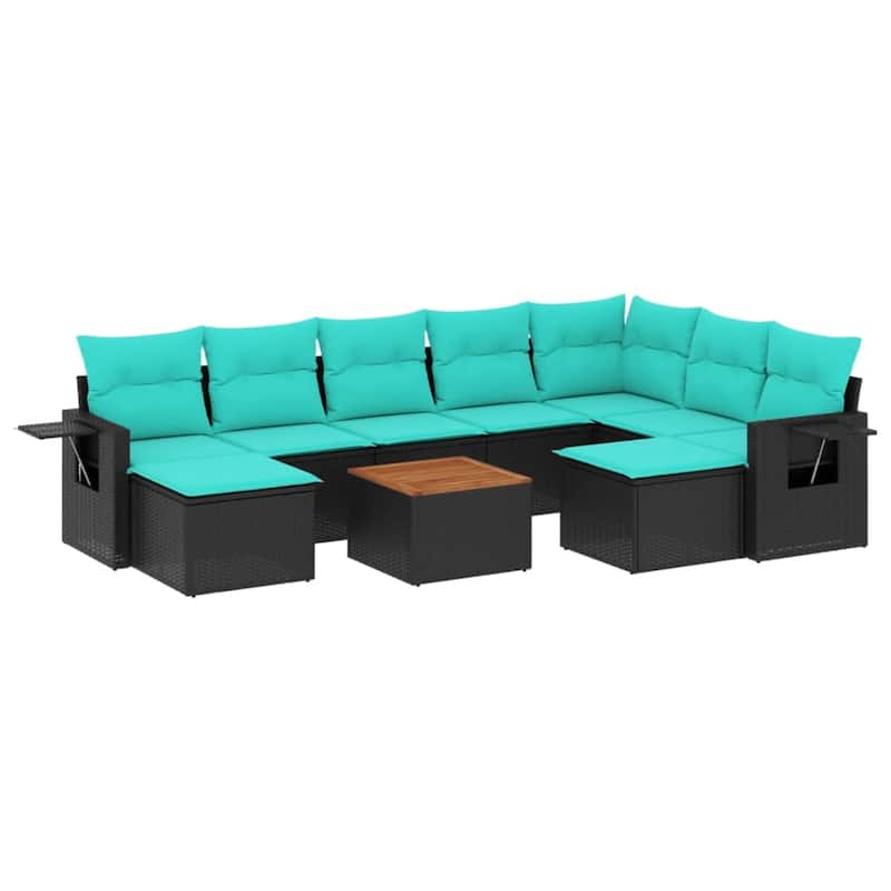 vidaXL 10 Piece Patio Sofa Set with Cushions Black Poly Rattan - 24.4" x 24.4" x 27.2"