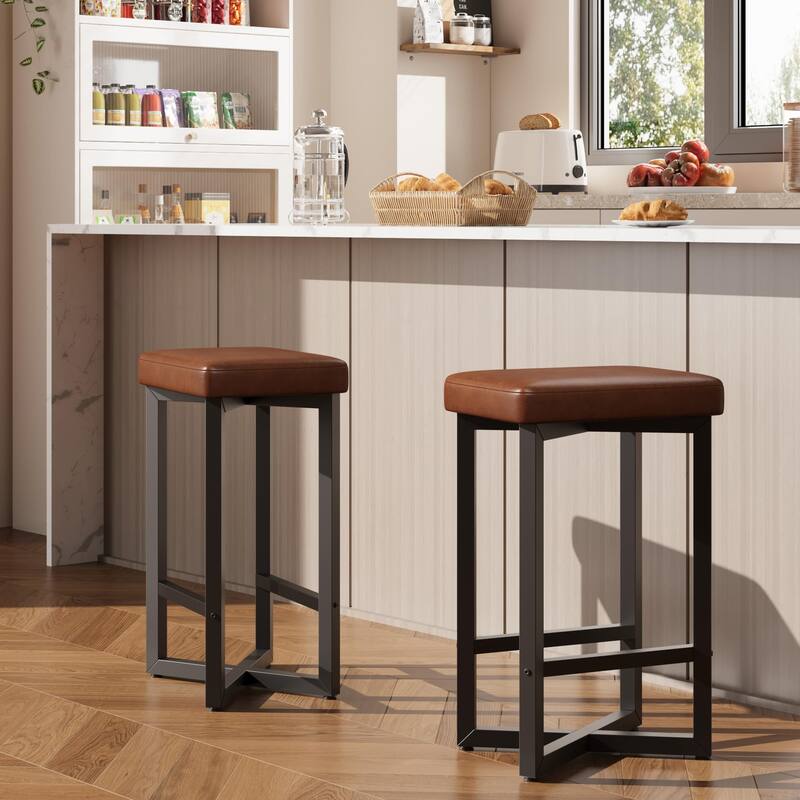Bar Stools Set of 2, 24.6" Upholstered Counter Height Bar Stools with Metal Frame & Footrest - Set of 2 - Brown