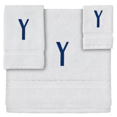 3-Piece Letter Y Monogrammed Bath Towels Set, Embroidered Initial Y Wedding Gift (White, Blue)