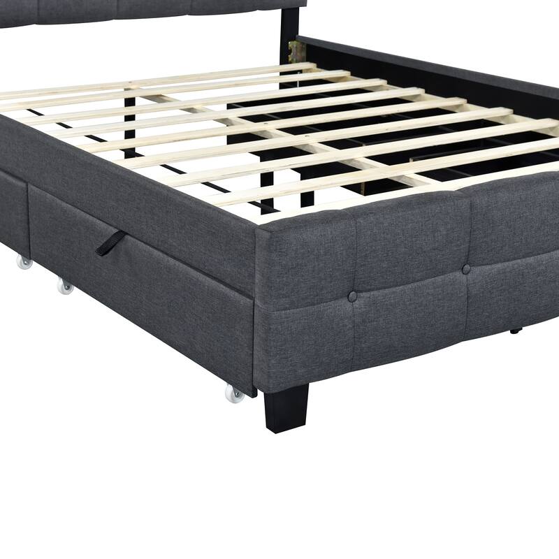Linen Upholstered Platform Bed Frame with LED Light Headboard & 2 Drawers