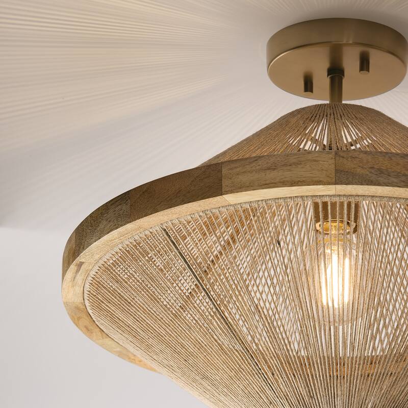 1-Light Dual Mount Pendant in Matte Brass with Mango Wood and Handwrapped Natural Jute Rope String