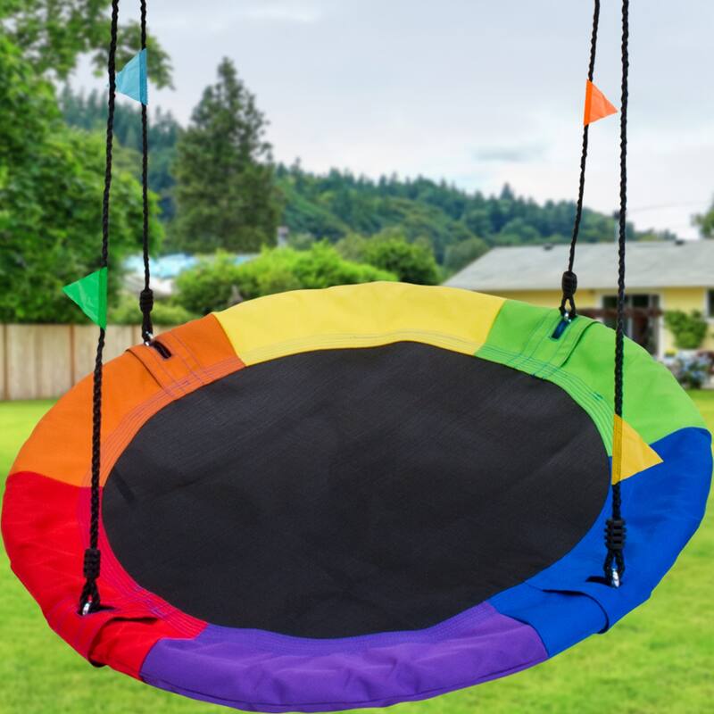 Saucer Tree Swing in Multi-Color Rainbow – Kids Indoor/Outdoor Round Mat Swing – Accessories Included (Round – 24”)