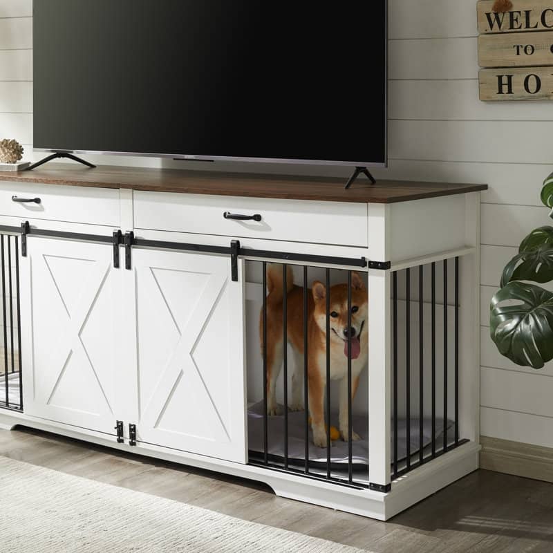 Wood Barn Door Large Dog Crate Furniture With 2 Drawers and Divider