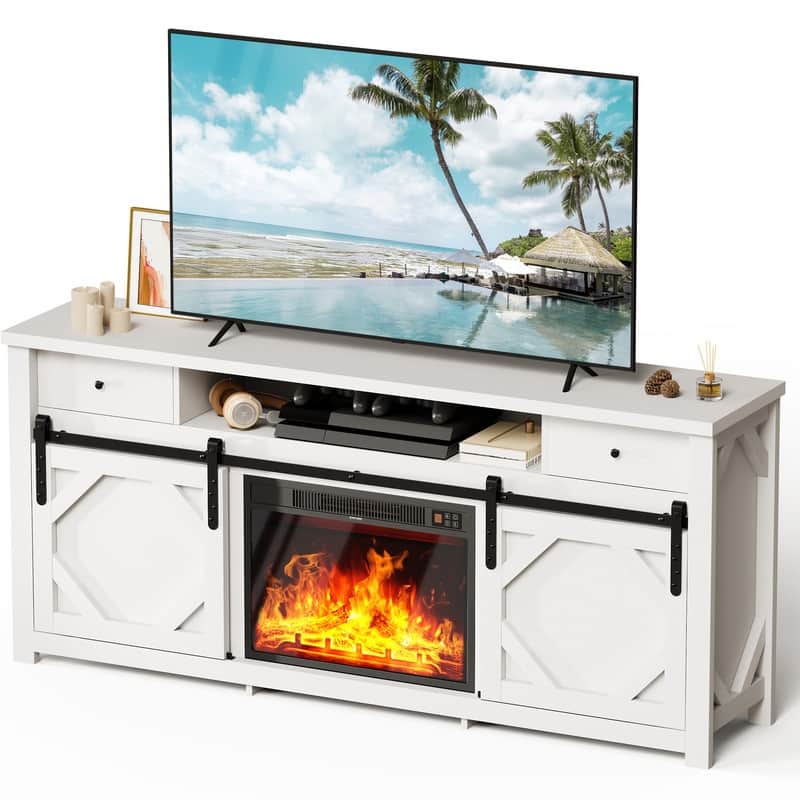 70" Sliding Diamond Door TV Stand for TVs up to 73" with 23" Electric Fireplace Included
