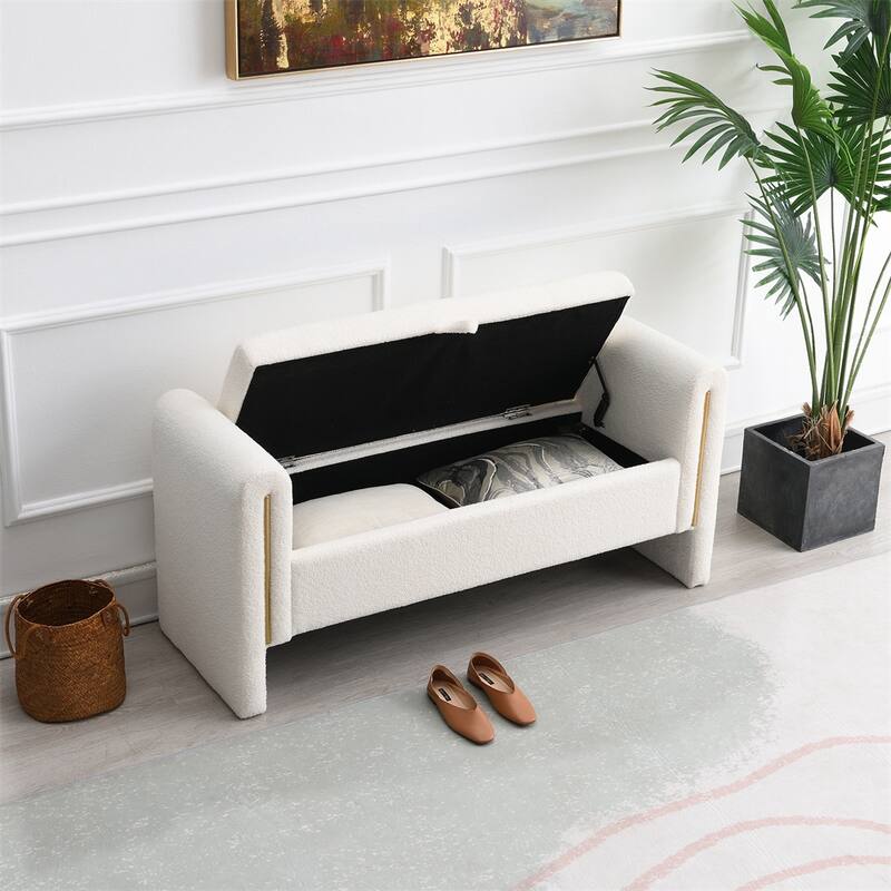 Modern Bed End Bench with Arms and Storage,Upholstered Foot Rest Stool - Cream