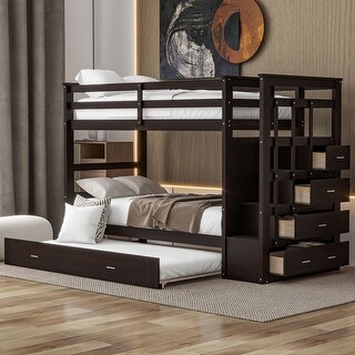 Twin Over Twin Bunk Bed with Trundle Bed,Staircase and 4 Storage Drawers,Solid Wood Bunk Beds with Stairs and Guardrail,Espresso