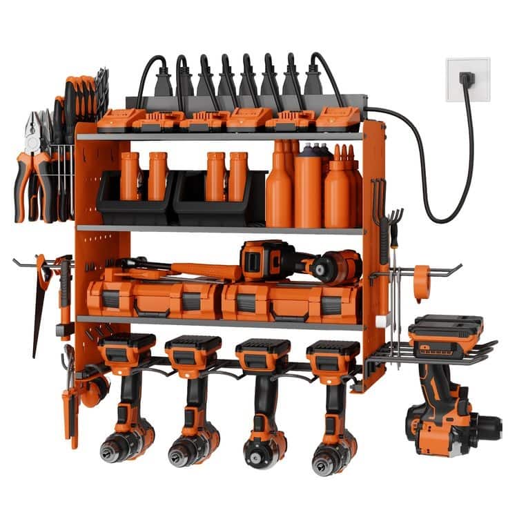 Sttoraboks Modular Power Tool Organizer, Wall Mount Garage 4 Drill Shelf Rack with hooks, 8 Outlet Power Strip - Orange