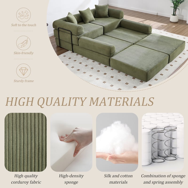 HOMEFUN Corduroy Upholstered Convertible Folding Sofa Bed with Fixed Frame and Pillow Back Handrail