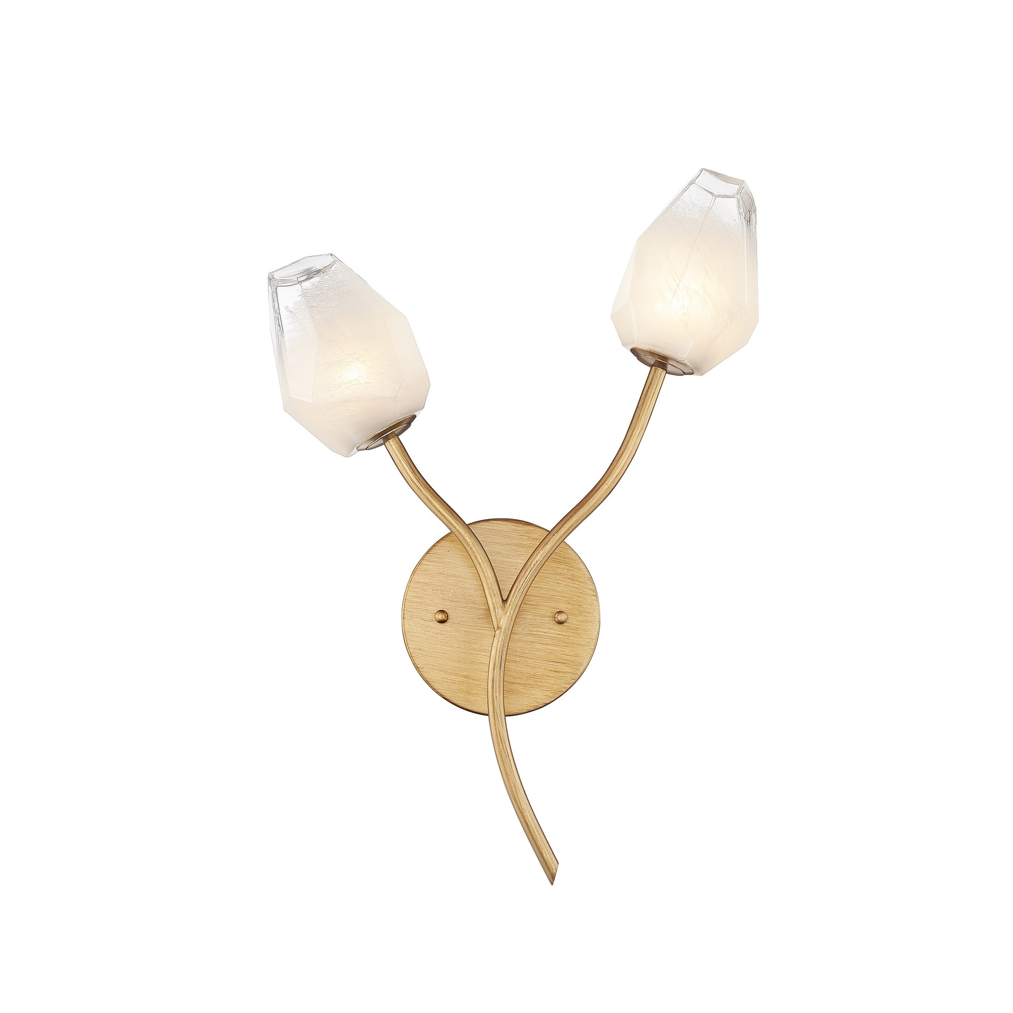 2-Light Gold Steel Wall Sconce With White Glass Shades
