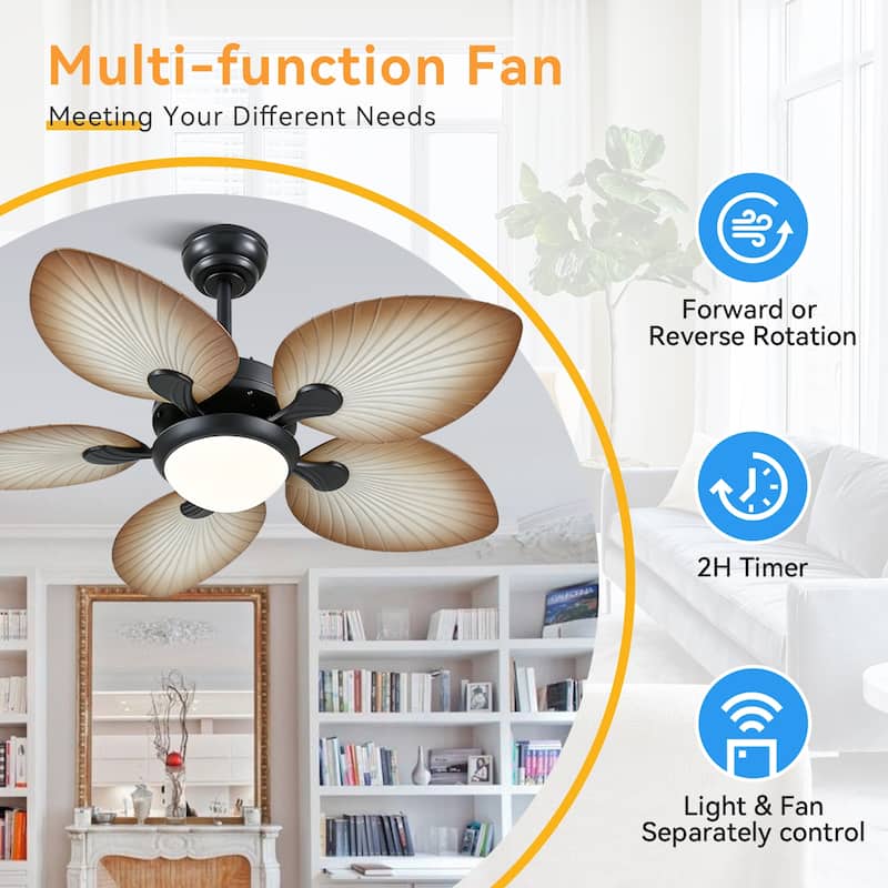 Kviflon 44" Wood GrainTropical Ceiling Fan with Light and Remote,Indoor and Outdoor Ceiling Fan,Waterproof - 44 Inches