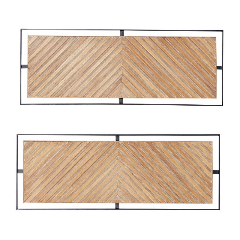 Brown Wooden Handmade Linear Carved Geometric Home Wall Decor with Black Frame (Set of 2)
