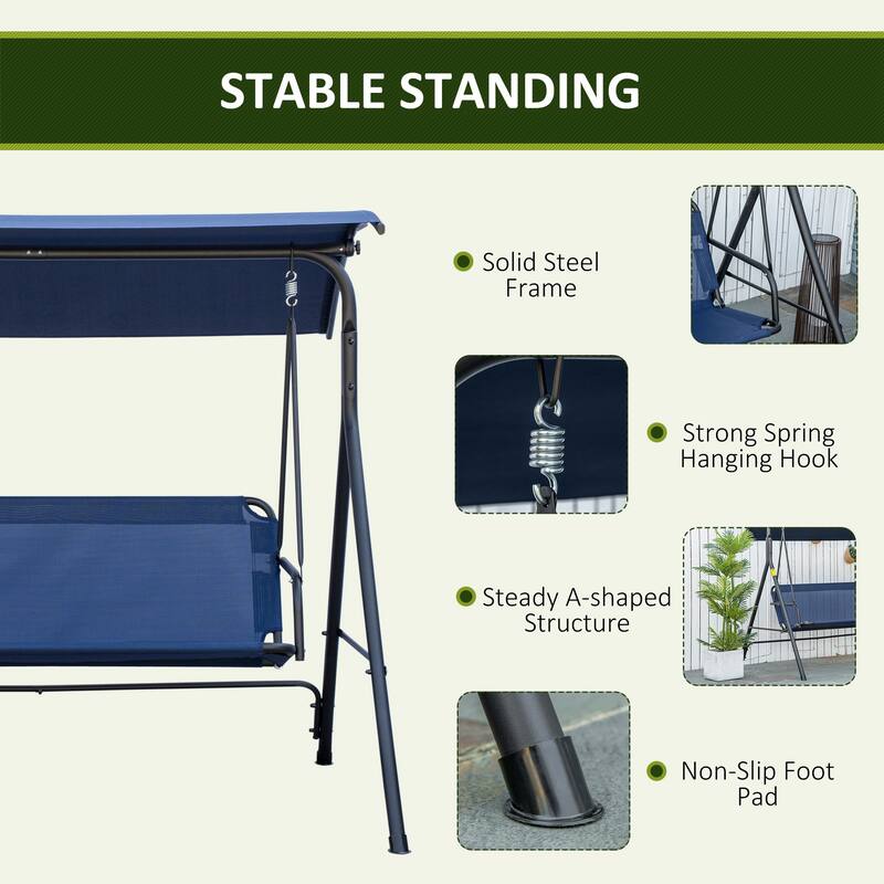 3-Person Porch Swing Bench with Stand & Adjustable Canopy, Armrests, Steel Frame