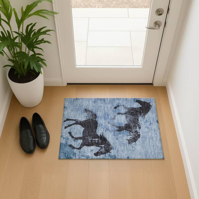 Premium Washable Super Two Horses Mayfield Rug - Denim - 1'8" x 2'6"