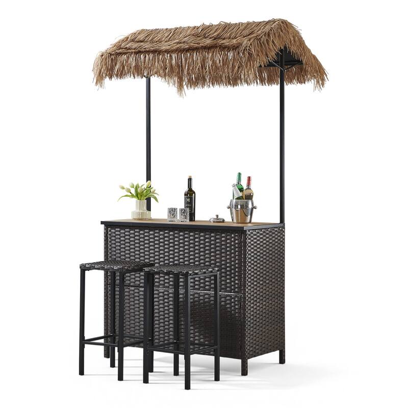 Pocassy Outdoor Tiki Bar Patio Set with 2 Stools Storage for Garden