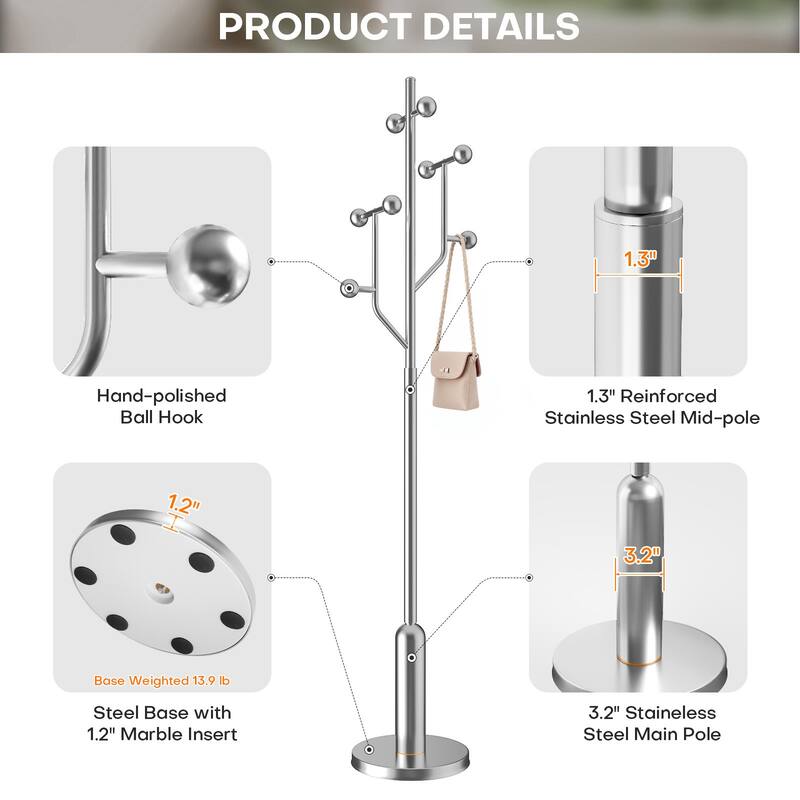 Freestanding Metal Coat Rack Stand Heavy Duty Coat Tree, Single - 70.9"H x 16.9"W(top) x 12.6"Dia(base)