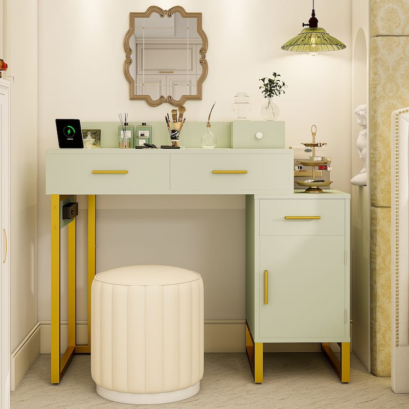Reversible Makeup Vanity Desk With Charging Station and 4 Wooden Drawers and 1 Cabinet